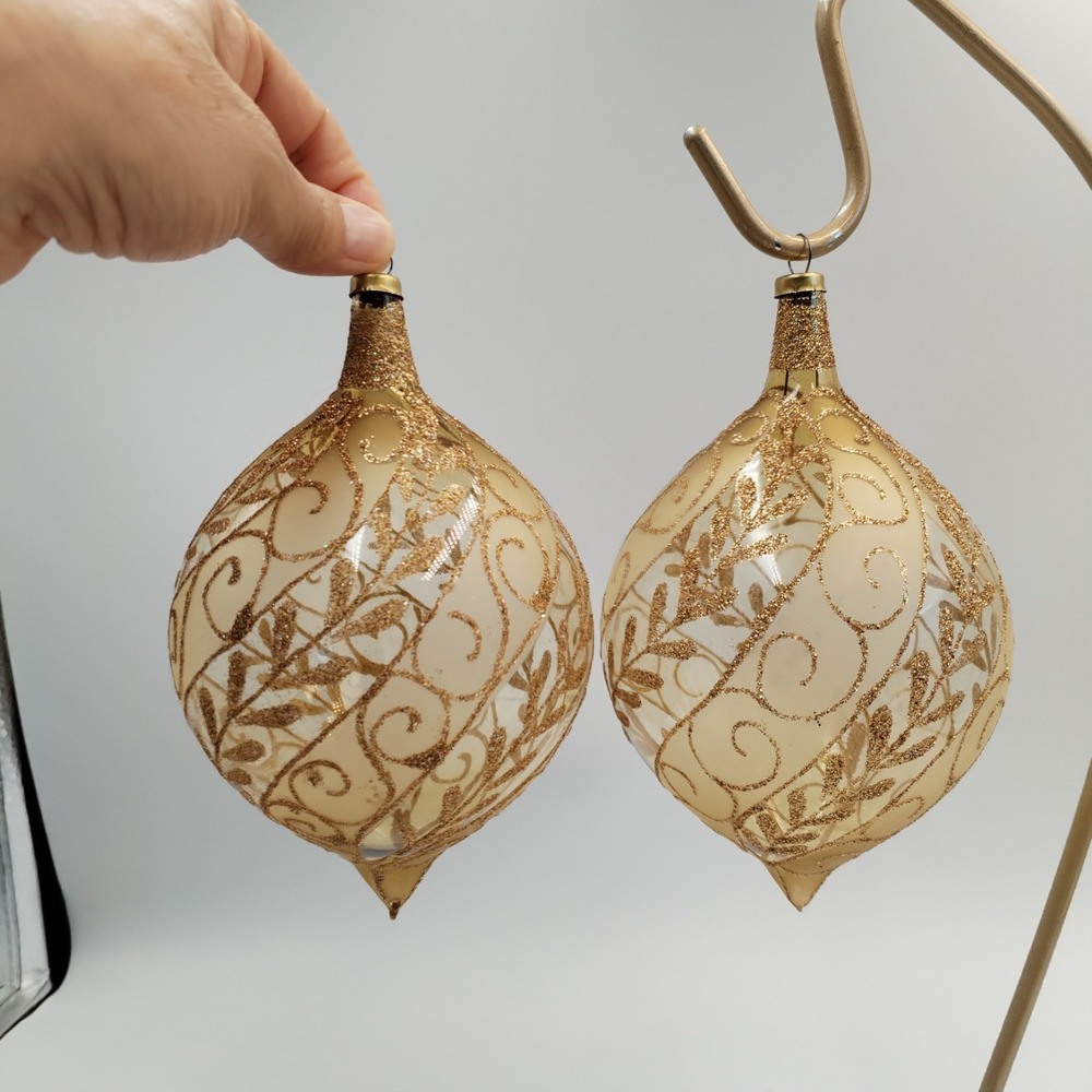 2 Handblown Champagne Glass Finial Ornaments Gold Glitter Filigree Michoacan